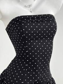 Elamini New Arrival French Fashion Polka Dot Ruched Design, Strapless Bodycon Tiered Hem Dress, Black Elegant Ladies Dress, Cute Sweet Style For Daily Wear, Afternoon Tea, Dating - Black - View 5