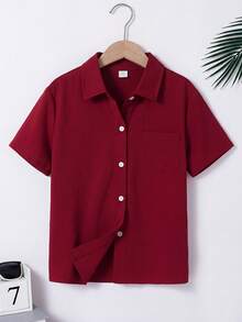 SHEIN Spring/Summer Loose Casual Textured Fabric Turndown Collar Open Front Real Pocket Design Boys Shirt - Red - View 4