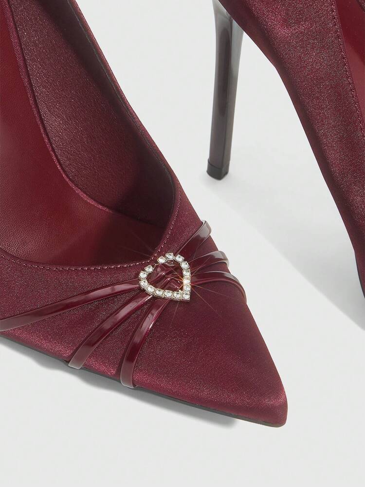 CUCCOO SZL Women Shoes Pointed Stiletto Burgundy Love Rhinestone Buckle Stylish Simple Sexy Dinner Party Party Dating Ladies High Heel Shoes Women's Shoes
