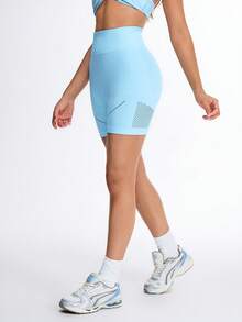 SHEIN Sovereign Charm Pantalones cortos de ciclista de cintura alta sin costuras de color azul claro para mujer, pantalones cortos deportivos elásticos con detalles de malla transpirable, ropa deportiva ajustada para yoga y gimnasio, pantalones cortos de gimnasio con control del abdomen, pantalones cortos sin costuras para mujer, pantalones cortos de gimnasio de cintura alta para mujer - Azul - Ver 7