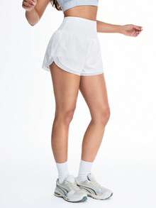 Eassivo 女士白色高腰运动短裤，宽腰带，弧形裤脚，透气网眼内层，轻盈弹力，适合跑步和健身运动。女士白色短裤，白色跑步短裤，白色运动短裤，白色弹力短裤，白色健身短裤 - 白色 - 查看 4