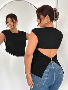 Firerie Áo thun nữ cỡ lớn kiểu tối giản với thiết kế khoét lưng, thích hợp cho kỳ nghỉ thường ngày. - màu đen - Xem 3