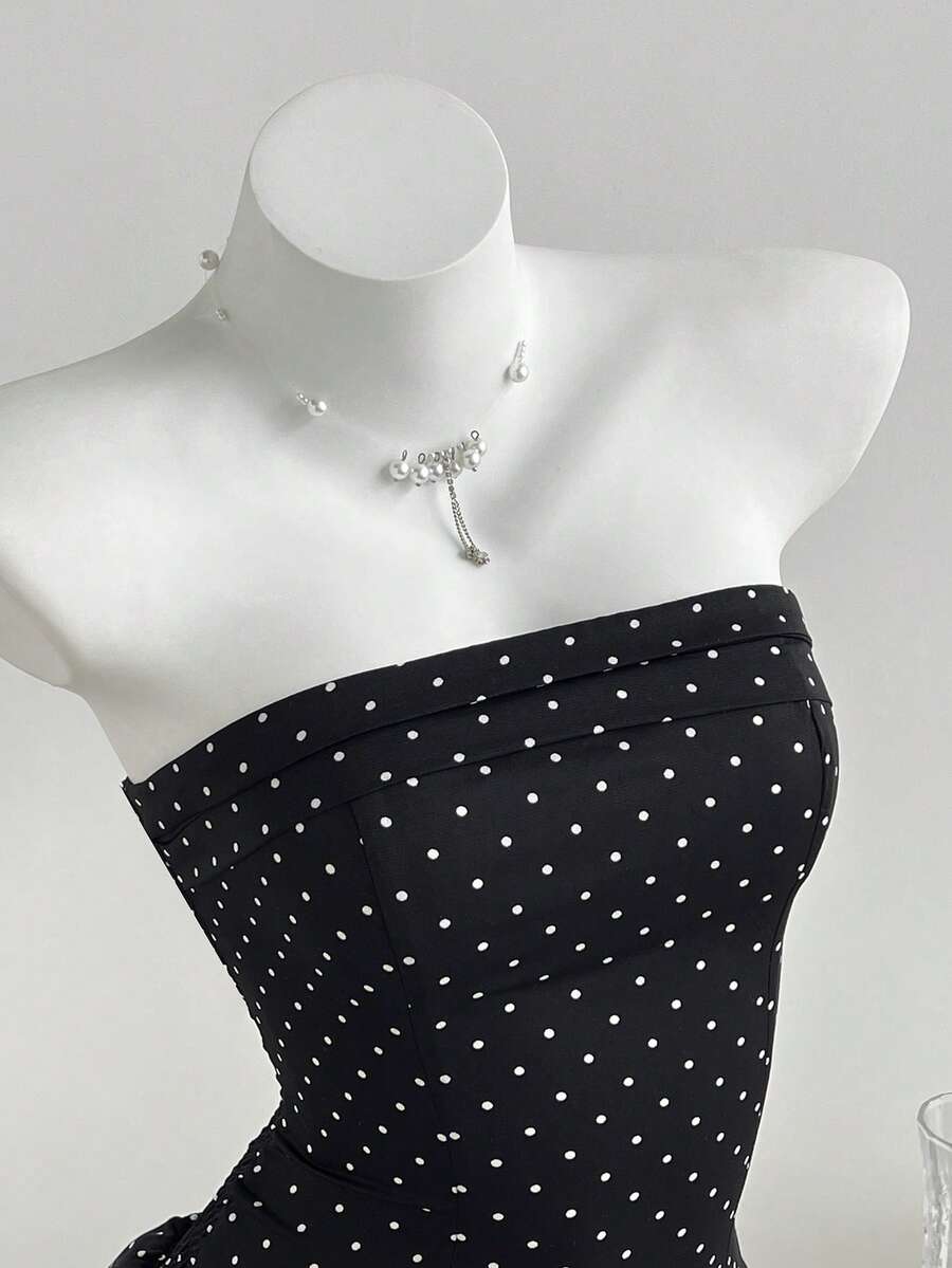 Elamini New Arrival French Fashion Polka Dot Ruched Design, Strapless Bodycon Tiered Hem Dress, Black Elegant Ladies Dress, Cute Sweet Style For Daily Wear, Afternoon Tea, Dating - Black - View 1