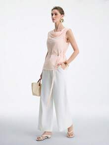 Aalyst Áo sơ mi nữ bằng vải lanh màu trơn, kiểu Pháp thanh lịch, thích hợp cho công sở, đi làm, du lịch, phong cách cao cấp lãng mạn, dáng rộng, vai vuông, thắt eo, vạt chữ A, thích hợp cho mùa xuân/hè. - Hồng - Xem 5