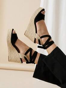 Women's Platform Sandals, Jute Wedge, Espadrille Wedge, High Espadrilles, Tie Straps, Wedge Heel, Comfortable, Casual, Boho, Summer, Women's Fashion - 黑色 - 查看 2