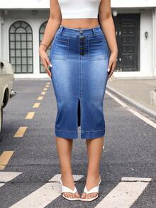 Flexra Casual Washed Fitted Denim Mini Skirt, Summer - Blue - View 3