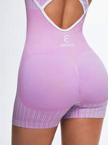 Eassivo 女士无缝高弹力健美操瑜伽健身露背连体裤 - 粉色 - 查看 3