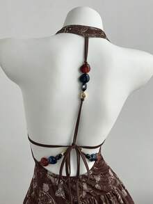 Elamini 新款夏季复古波西米亚风碎花层叠荷叶边连衣裙，露背链条装饰吊带休闲棕色长裙，适合情人节、派对、演出、约会、海滩度假等场合。 - 棕色 - 查看 3