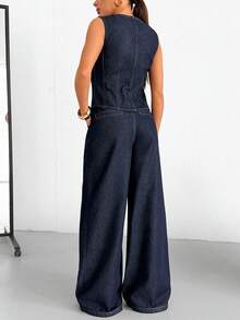 SHEIN Women's Casual Front Button Denim Blouse And Jeans Set, Summer - Dark Wash - View 2