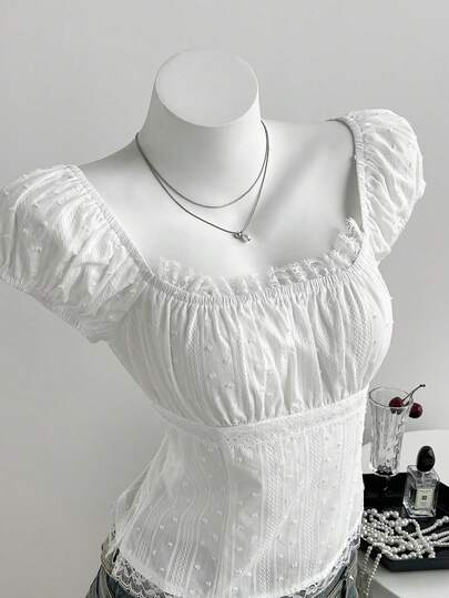 Elamini 1件夏季新款甜美白色衬衫，采用3D提花蕾丝拼接设计，休闲百搭的彼得潘领短袖上衣，适合日常穿着，约会时穿着。