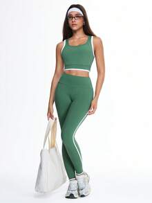 SHEIN Sports 女士运动露背背心，交叉肩带设计，性感露背，适合网球、健身训练 - 墨綠色 - 查看 4