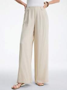 Aalyst Women's Spring/Summer Outing, Suitable For New Year, Valentine's Day, Easter, Mother's Day, Middle Eastern Weddings, Elegant Minimalist Office/Romantic Vacation Style, Linen Waist Pleated Design Regular Waist Wide Leg Suit Pants - Khaki - View 4