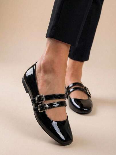 Balerinas estilo Mary Jane de moda en charol negro y vinipiel para mujer, con punta cuadrada y doble hebilla, ideales para el uso diario. Zapatos planos clásicos negros de charol para mujer con doble hebilla, cómodos Mary Jane
