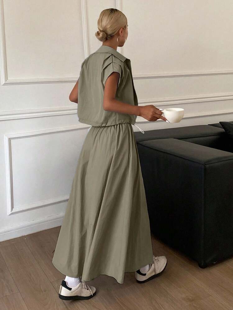 Women's Summer Casual Solid Color Cropped Shirt And Skirt 2 Pieces Set