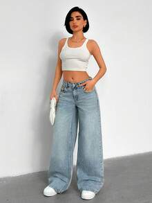Women's Low Waist Pockets Wide Leg Loose Casual Versatile Jeans - Medium Wash - View 4