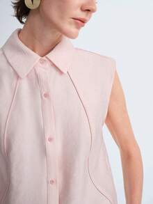 Aalyst 女士春夏提花棉质法式优雅休闲办公通勤度假浪漫高端海滩下午茶衬衫领短袖浅粉色插肩袖上衣 - 粉色 - 查看 3