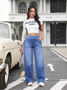 Flexra Quần jeans nữ ống rộng, cạp chun, có túi, dáng rộng thoải mái, đa năng. - Màu xanh lam - Xem 7