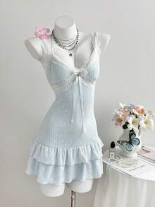 Elamini Summer Casual Lace Ruffle Hem Dress - Blue - View 4