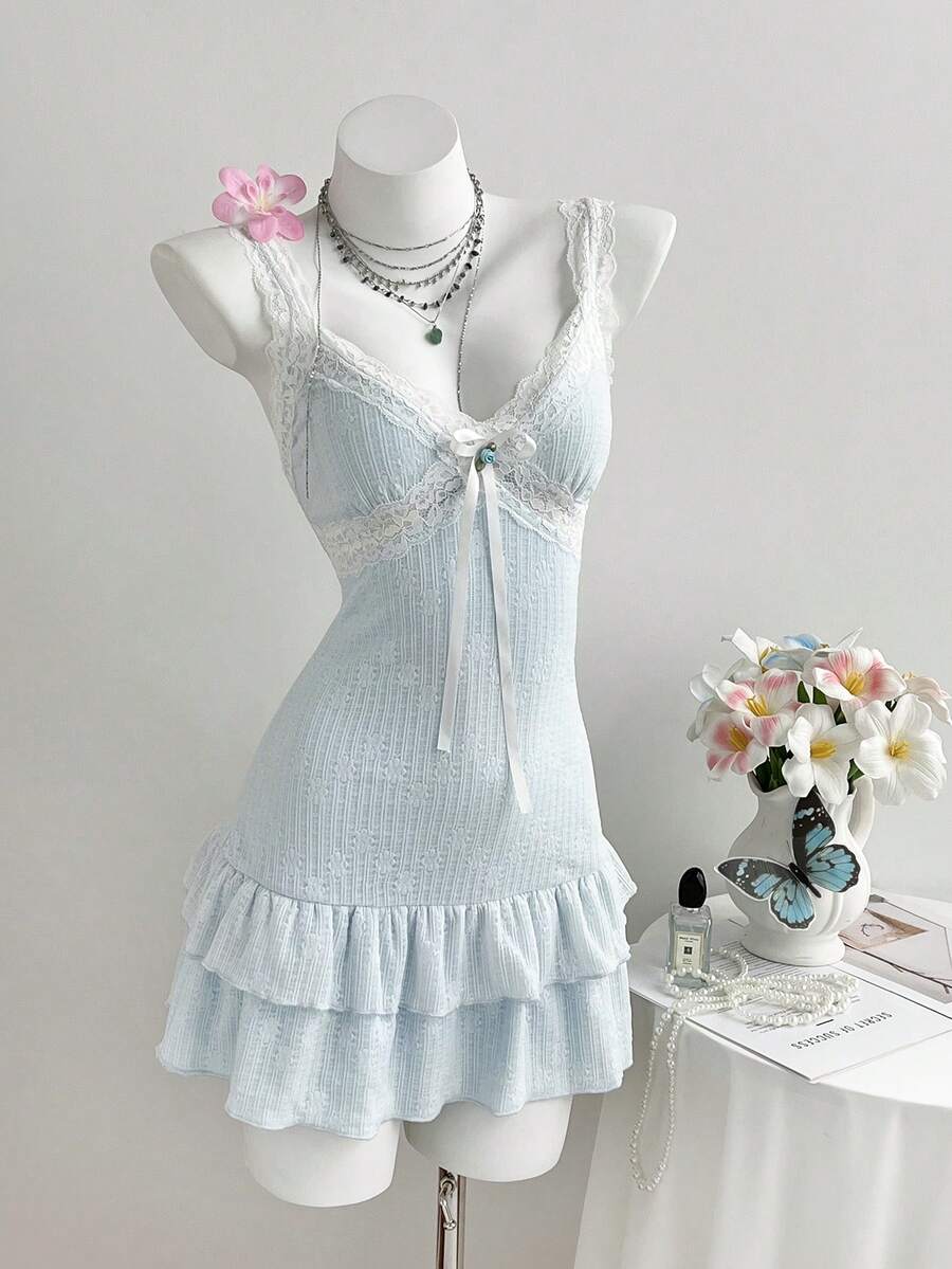 Elamini 夏季休闲蕾丝荷叶边连衣裙 - 藍色 - 查看 1