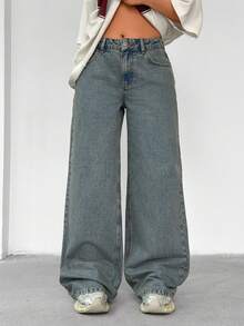 SHEIN Jeans casual da donna a gamba ampia con tasche inclinate - Blu lavato medio - Visualizzare 5