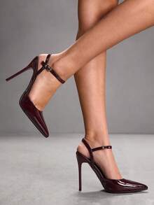 CUCCOO SZL 女士黑色尖头细高跟鞋，性感晚宴派对高跟鞋，带踝带和露后跟设计 - 咖啡棕 - 查看 3