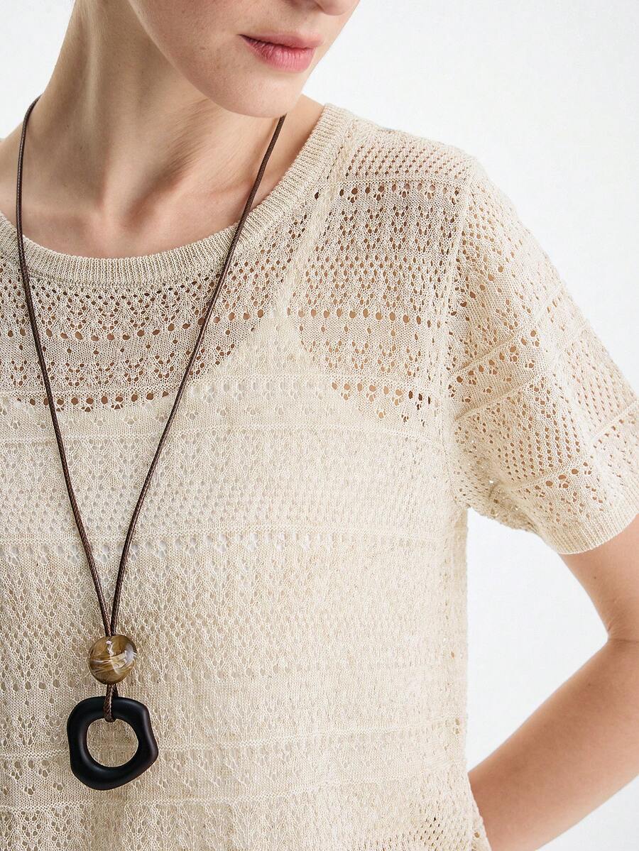 Aalyst Women's Loose Fit Hollow Out Round Neck Slouchy T-Shirt, Vintage Style Knit Top For Summer - Apricot - View 1