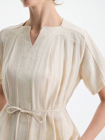 Aalyst Women's Spring/Summer Linen Twill Elegant Commute Vacation Casual Afternoon Tea Romantic High-Quality Linen Front Pleated Tie-Waist Short Sleeve Blouse Shirt