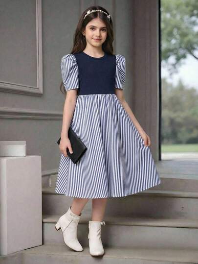 SHEIN 少女撞色蝴蝶结装饰无袖方领A字碎花连衣裙