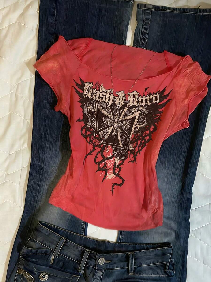 Glimmora Camiseta casual de mujer con estampado de cruz y letras, para verano - Multicolor - Ver 1