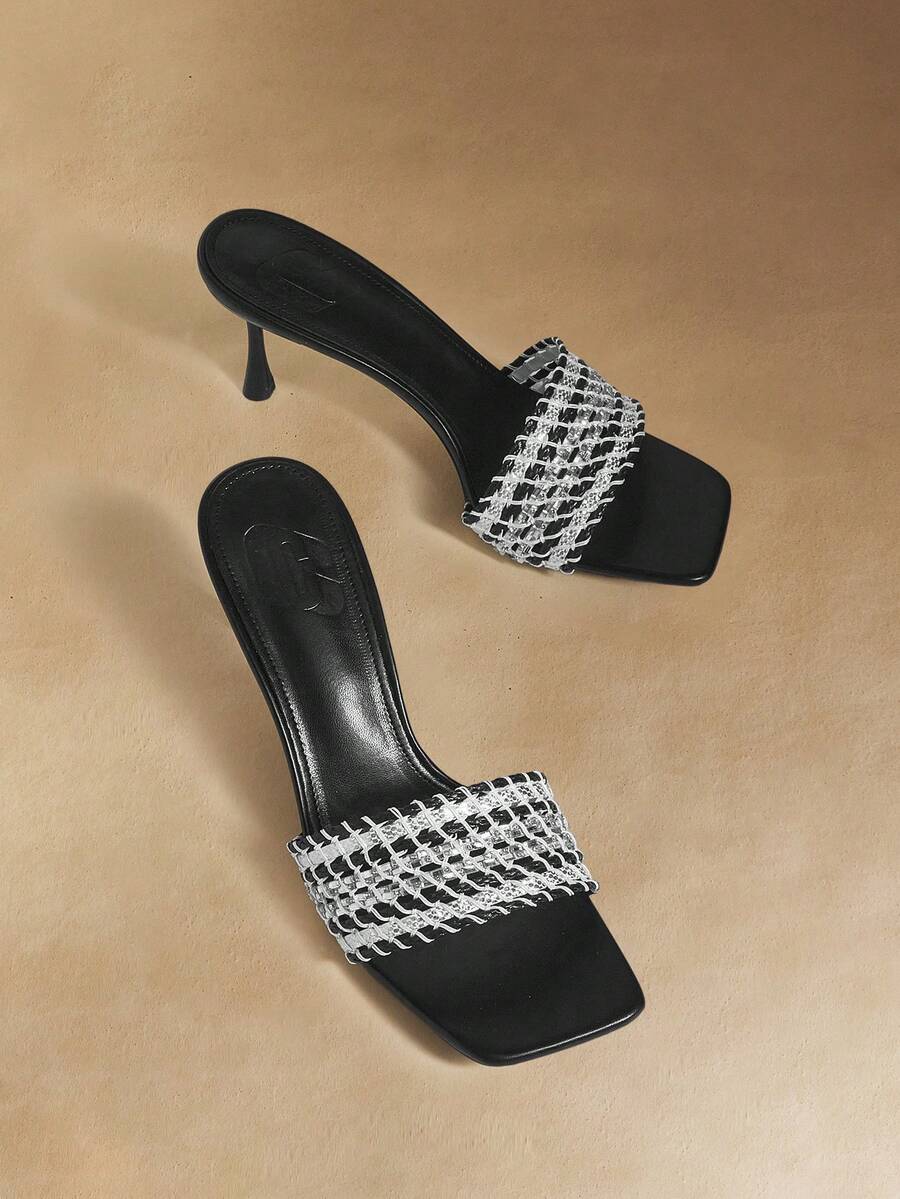 Rosivie 女士方头细跟黑色编织时尚优雅法式高跟凉鞋拖鞋搭配裙子日常百搭宴会派对女士凉鞋 - 黑色 - 查看 1