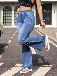 Flexra Women's Elastic Waist Pocket Casual Versatile Flare Leg Jeans - Blue - View 6