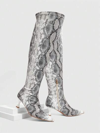 CUCCOO SZL Giày bốt cao đến đùi cổ điển họa tiết da rắn dành cho nữ, kiểu dáng thời trang, gót siêu cao, mũi nhọn, thanh lịch, tối giản, co giãn, thích hợp cho ngày Valentine.