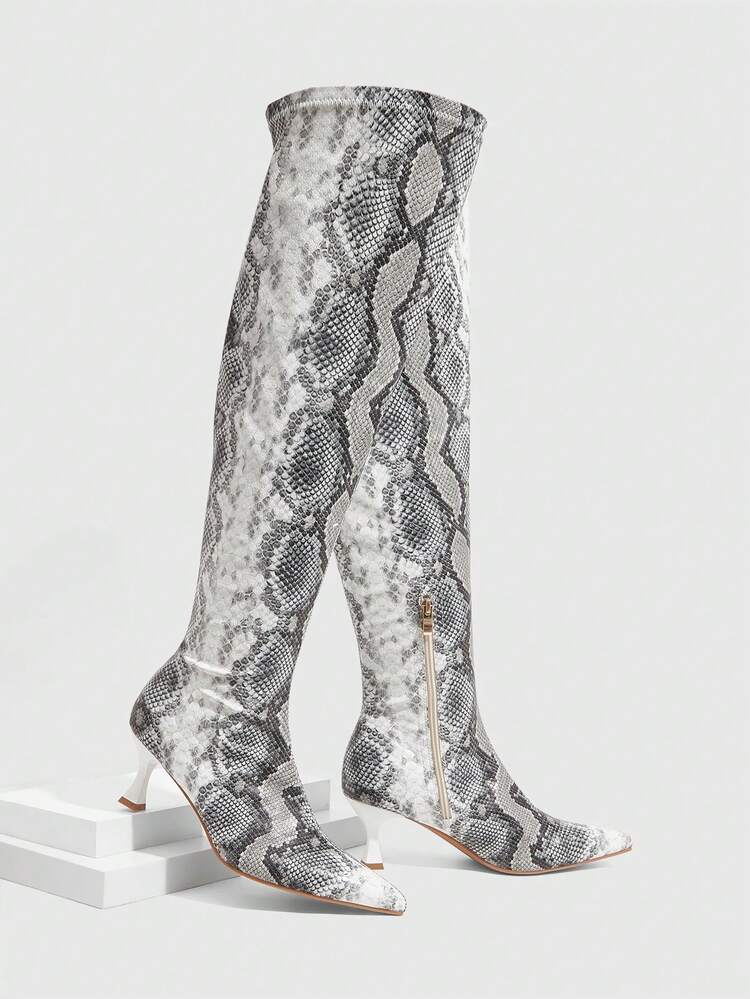 CUCCOO SZL Women's Classic Snake Skin Thigh High Boots, Fashion Super High Heel Pointed Toe Elegant Minimalist Stretch Over-The-Knee Boots Valentine's Day