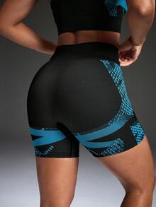 Powerista Contrast Color Print High Waist Seamless Sports Shorts - Black - View 2