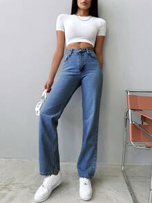 SHEIN Women's Casual Everyday Washed Slant Pocket Straight Leg Jeans - Blue - View 4