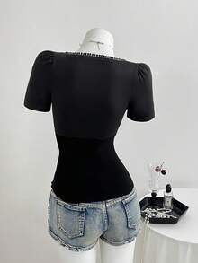 Elamini Women's T-Shirt, Lace Patchwork, Textured Knit, High Elasticity, Slim Fit - Black - View 2