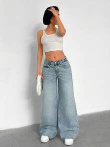 Women's Low Waist Pockets Wide Leg Loose Casual Versatile Jeans - Medium Wash - View 5