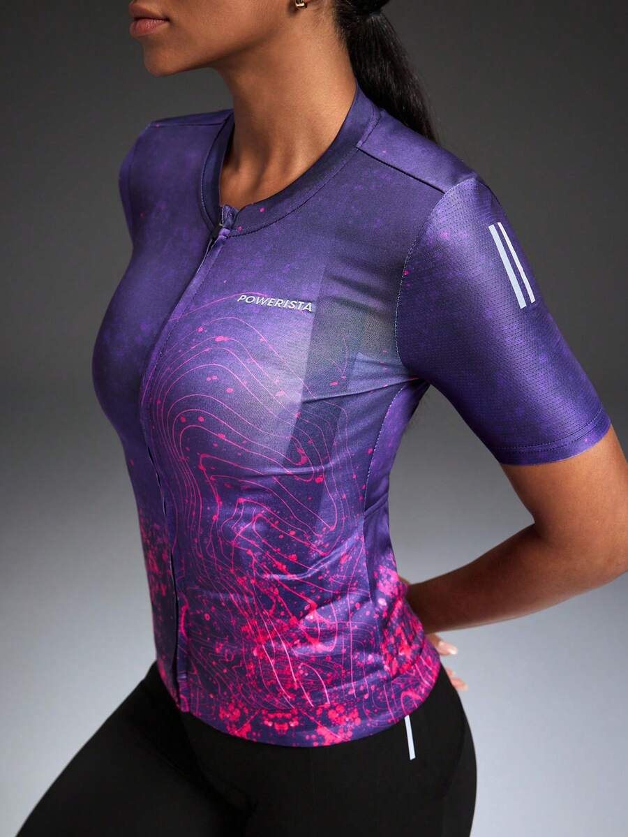 Powerista 女士扎染短袖拉链骑行服 - 玫紅色 - 查看 1