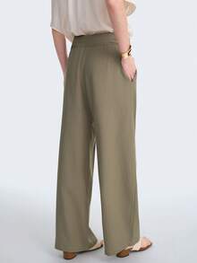 Aalyst 女士纯色中腰蝴蝶结腰钩褶裥宽松直筒工装裤，军绿色，优雅法式复古简约风格，适合办公室、通勤、商务、休闲、海滩、日常穿着，春夏新款 - 軍綠色 - 查看 8