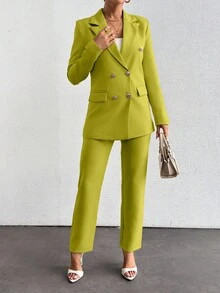 EURMUSE Lapel Neck Double Breasted Blazer & Trousers - Mustard Yellow - View 3