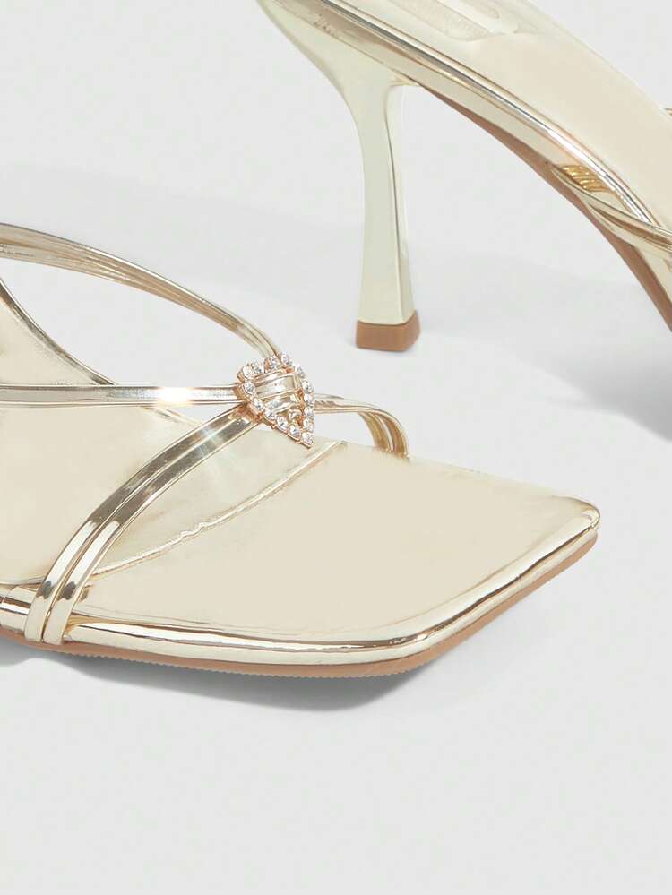 CUCCOO SZL Women Shoes Spring And Summer New Gold Square Toe Thin High Heel Thin Strip With Love Rhinestone Buckle Women's High Heel Sandals Slippers Fashionable Comfortable Versatile Sexy Party Nightclub Women's Sandals Women's Shoes Prom Heels