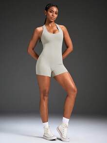 Powerista 露背无袖修身运动连体裤 - 卡其色 - 查看 5