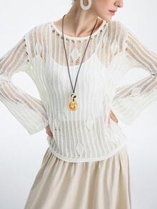 Aalyst Women's Spring/Summer New Arrival Single Piece One-Shoulder Hollow Classic Diamond Pattern Knit Long Sleeve Pullover Top, Elegant Fitted Regular Style - White - View 4