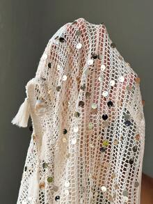 TRNVIE Apricot Mesh Sequin Fringed Shell Off Shoulder Bohemian Embroidered Sheer Blouse, Suitable For Casual, Party, Beach Holiday In Summer - Apricot - View 8