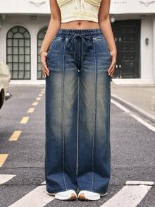 Flexra 女士抽绳腰阔腿宽松休闲百搭牛仔裤 - 藍色 - 查看 10