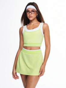 Eassivo 女士网球连衣裙套装，包括无袖露背背心和迷你裙两件套。 - 綠色 - 查看 3