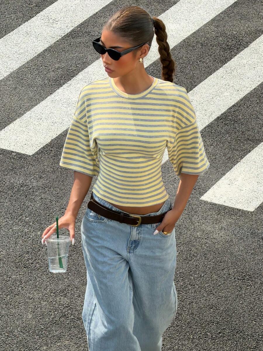 Muchica Women's Summer New Striped Waist Short Sleeve T-Shirt - Multicolor - View 1