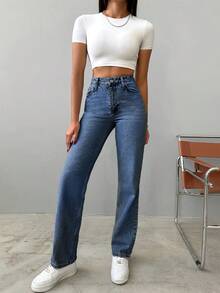 SHEIN Women's Casual Everyday Washed Slant Pocket Straight Leg Jeans - Blue - View 3