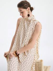 Aalyst Đầm nữ dáng suông không tay, cổ cao, thắt nơ, chấm bi lãng mạn, dài đến đầu gối, kiểu Pháp cổ điển thanh lịch, thích hợp cho công sở, đi làm, kinh doanh, thường ngày, nghỉ lễ, tiệc trà chiều, dạo phố, đơn giản và đa năng, mẫu mới Xuân/Hè. - Màu be - Xem 1