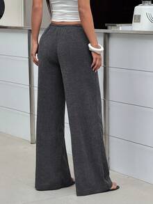 FavEase 黑色纹理抽绳腰阔腿休闲裤，垂坠显瘦直筒长裤，适合校园、居家、街头、散步、约会及多种场合穿着。 - 黑色 - 查看 2